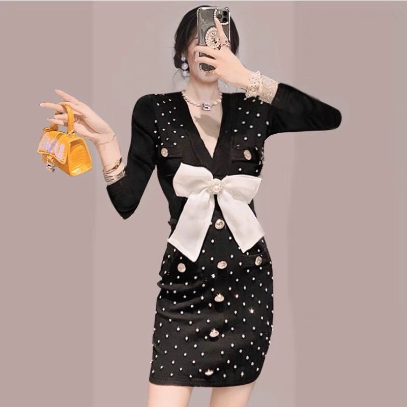 BÁN SỈ VÁY LEN ĐÍNH ĐÁ CÀI NƠ NGỰC 2 MÀU NỮ CAO CẤP
