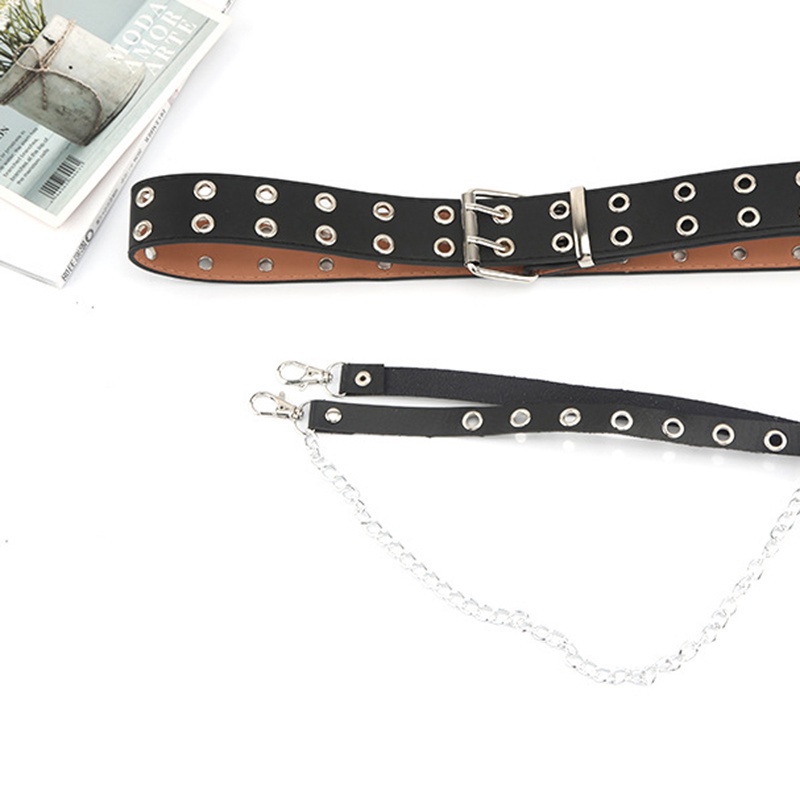Thắt Lưng Giả Da Phối Dây Xích Kim Loại Phong Cách Gothic JP1 Cá Tính Cho Nữ