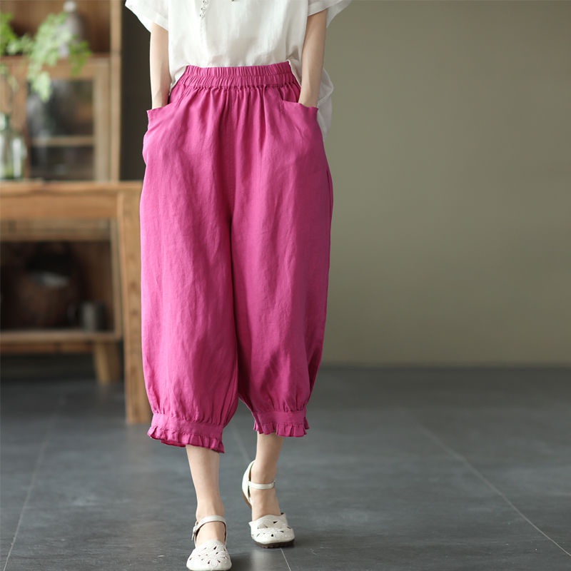 Quần Cotton Lanh Màu Trơn Phong Cách Retro Mùa Hè Mới 2022