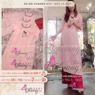 Áo dài lụa xước 4 tà lệch lửng cổ tròn kèm quần