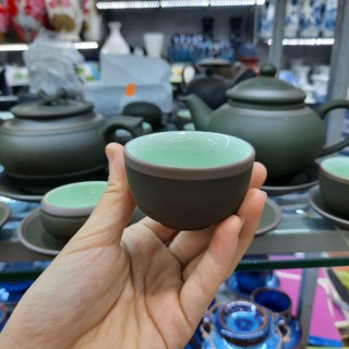 Ấm chén gốm tử sa men xanh