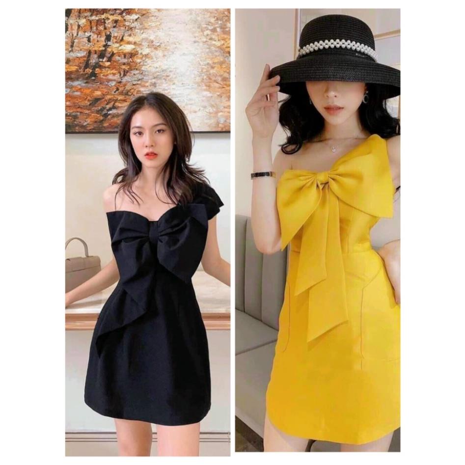 TSO-Ảnh thật Đầm body kết nơ ngực tay chéo vai dáng ôm tiểu thư cách điệu