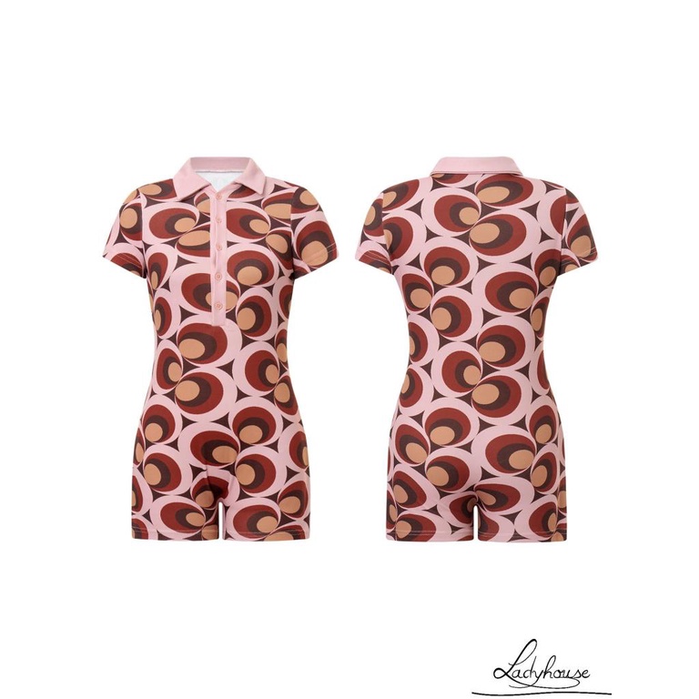 Ldd- Bộ Áo Liền Quần Dệt Kim Tay Ngắn Cổ Chữ V Cài Nút Màu Hồng Họa Tiết Hoa Thời Trang Mùa Hè Dành Cho Nữ