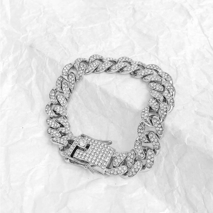 Vòng tay đính đá lấp lánh Cuban Chain Nam Nữ titan không gỉ 18cm Kèm Hộp