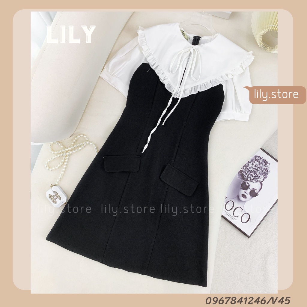 Váy nữ phối cổ tay trắng tiểu thư, Đầm nữ thiết kế phối cổ bèo buộc nơ đủ 3 màu đen, xanh, be size S,M,L V45 LILY