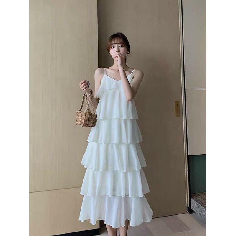 Đầm hai dây tầng màu trắng
