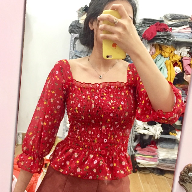 Free Ship_Áo Kiểu Nữ hoa nhí bo chun nhún eo Chất voan Tay Vạt áo Bánh bèo_Kèm video + ảnh Thật