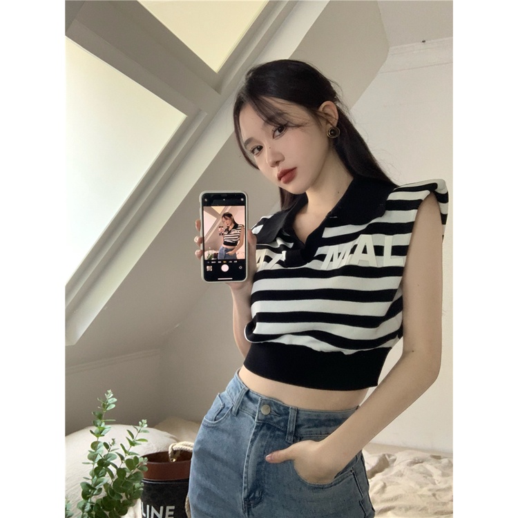 Xiaozhainv Áo Croptop Dệt Kim Sát Nách Cổ Polo In Chữ Thời Trang Mùa Hè Dễ Phối Đồ Với 5 Màu Sắc Lựa Chọn