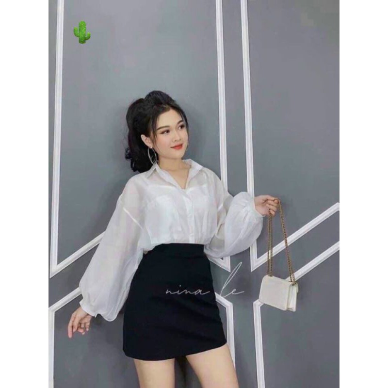 Set Áo Sơ Mi Voan Mỏng Tay Phồng Form Rộng + Áo Hai Dây