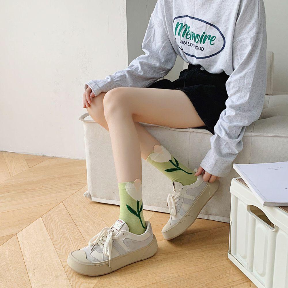 Vớ Ba Chiều Họa Tiết Hoa Tulip Dễ Thương Thoải Mái Phong Cách Hàn Quốc Cho Nữ