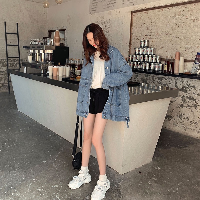 Áo Khoác Denim Tay Dài Dáng Rộng Phong Cách Hàn Quốc