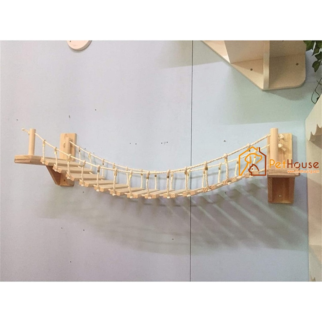 Cầu treo tường dành cho mèo, thang dây gỗ, sân chơi cho mèo bằng gỗ tự nhiên