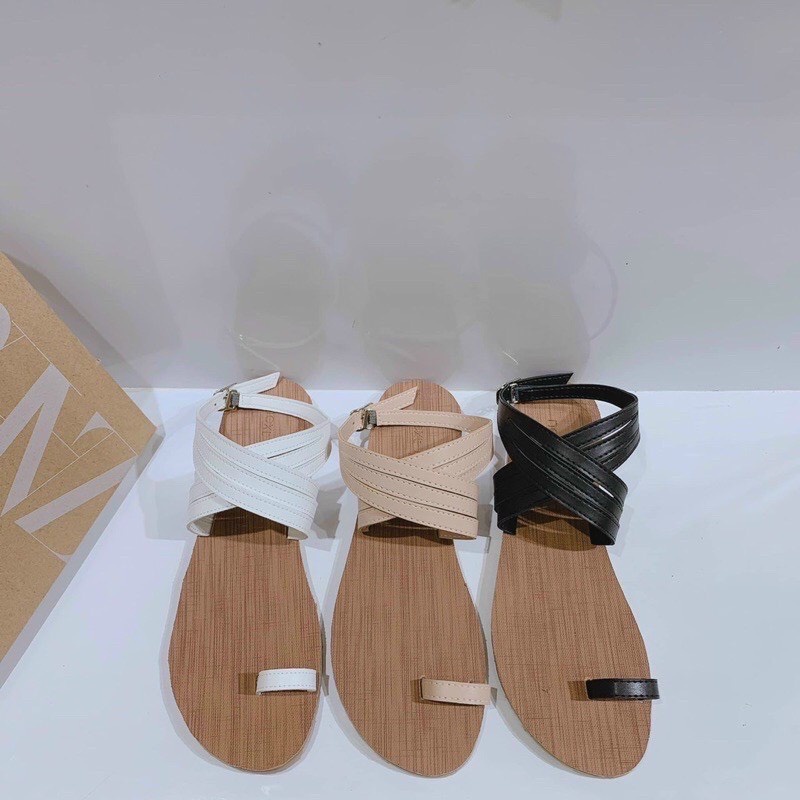 Dép Xỏ Ngón Nữ Quai Hậu Đan Dây Da Mềm Êm Chân - Dép Xỏ Ngón Chiến Binh Da Mềm Đen - Trắng - Kem