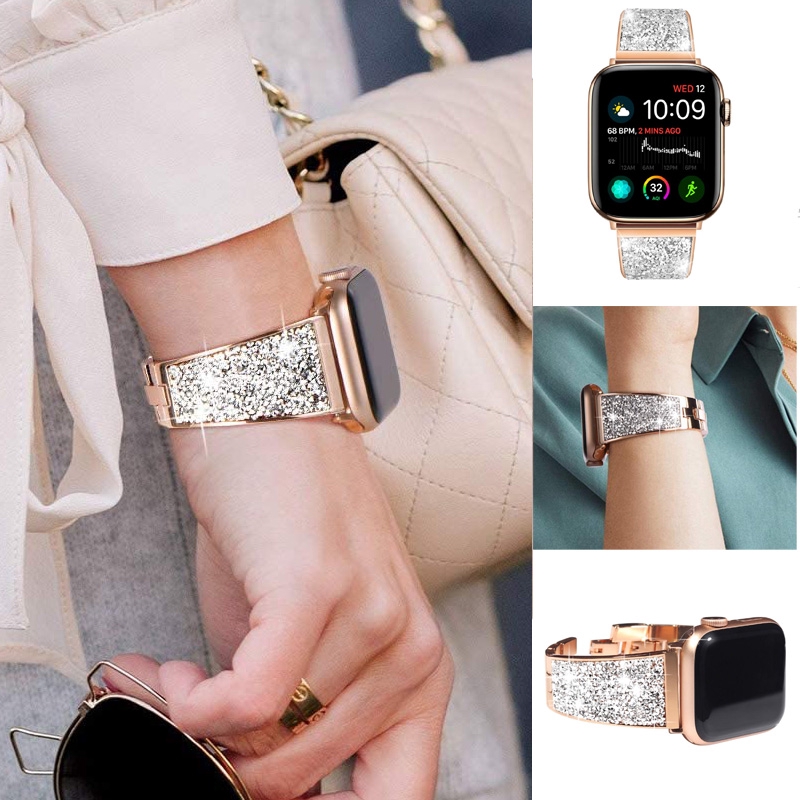 Dây Đeo Kim Loại Đính Đá Lấp Lánh Cho Đồng Hồ Thông Minh Apple Watch Iwatch 1 2 3 4 5