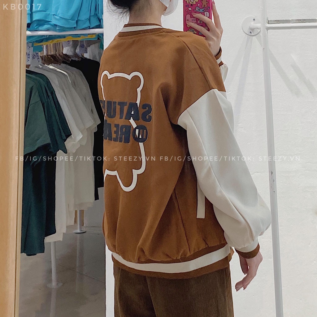 [KB0017] Áo khoác bomber vải da lộn mặt nhung lót gió in hình gấu chữ SA TU DE form rộng (Có sẵn/Ảnh thật)