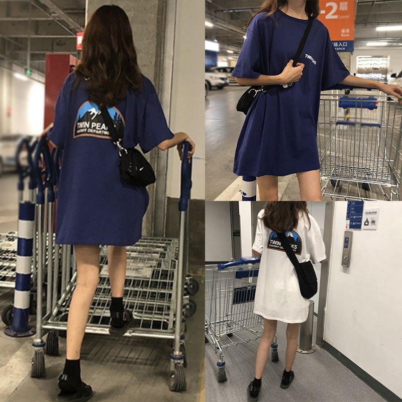 Áo Thun Tay Ngắn Cổ Tròn Dáng Rộng Dài Kiểu Hàn Quốc Dễ Thương Cho Nữ