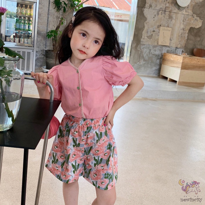 Bộ Áo Tay Phồng + Quần Short In Hoa Thời Trang Mùa Hè Hàn Quốc Cho Bé Gái