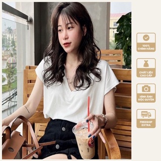 Áo phông nữ cotton trơn cổ tim cộc tay kiểu dáng basic cơ bản màu trắng đen