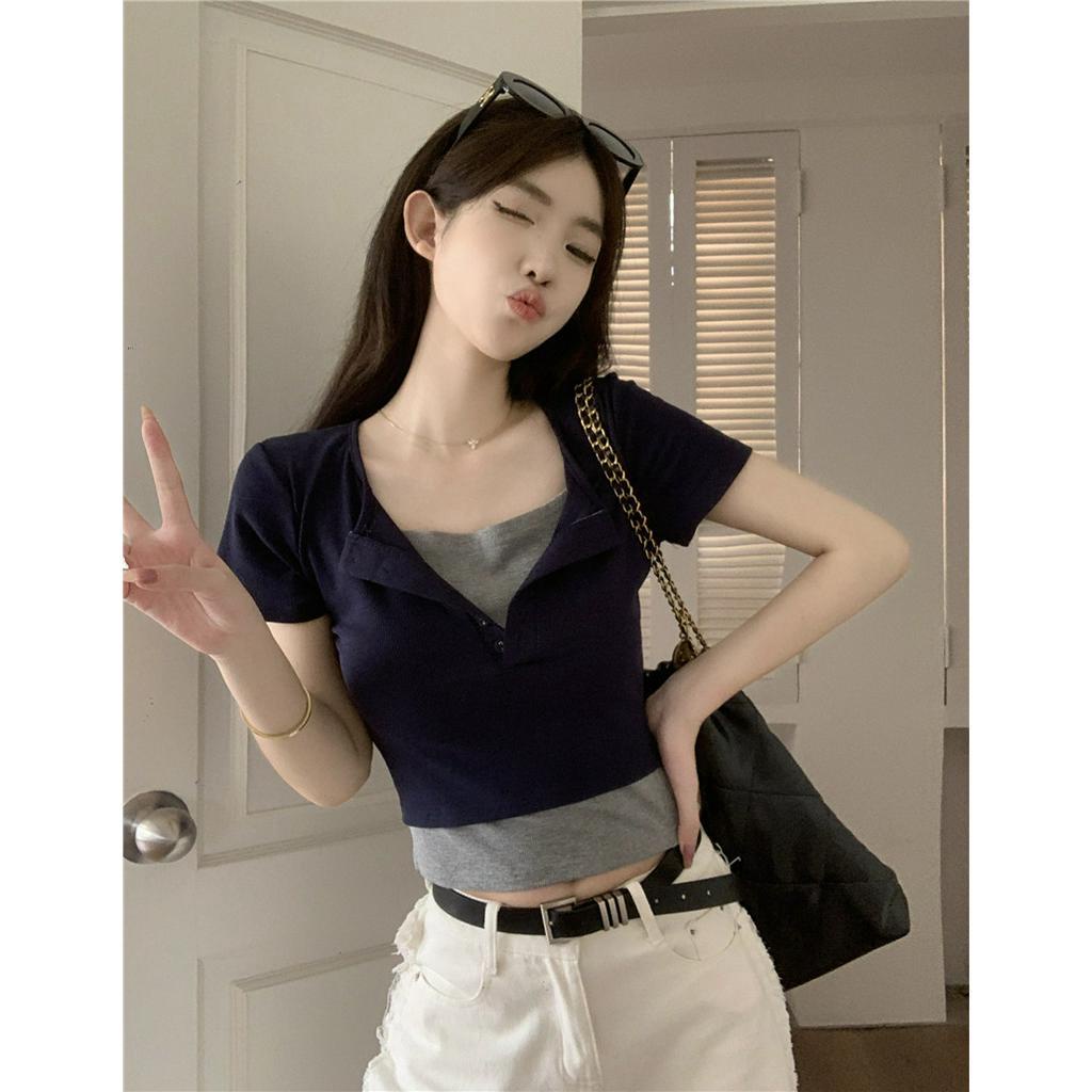 qkoole  Áo Thun Ngắn Tay Giả Hai Lớp Dáng Ôm Thời Trang Dành Cho Nữ
