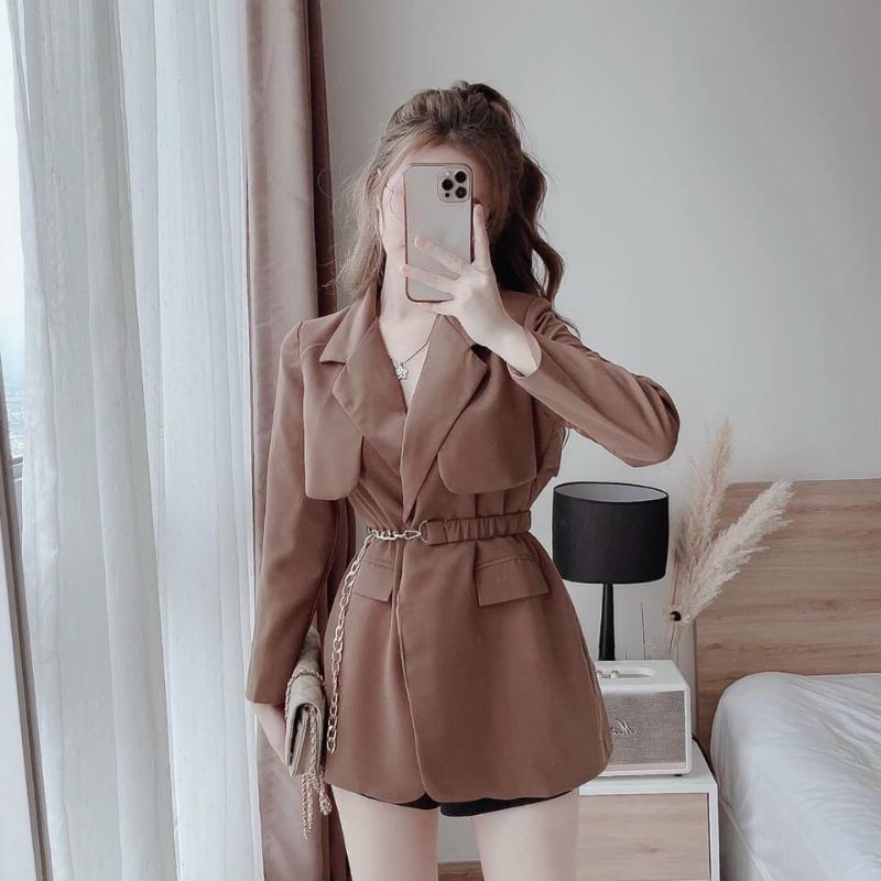 Áo Vest Nữ Ms.5622 Áo Thiết Kế Dáng Suông, Kiểu Phối Túi Hai Bên, Kèm Đai Chun Xích, Hàng Hai Lớp