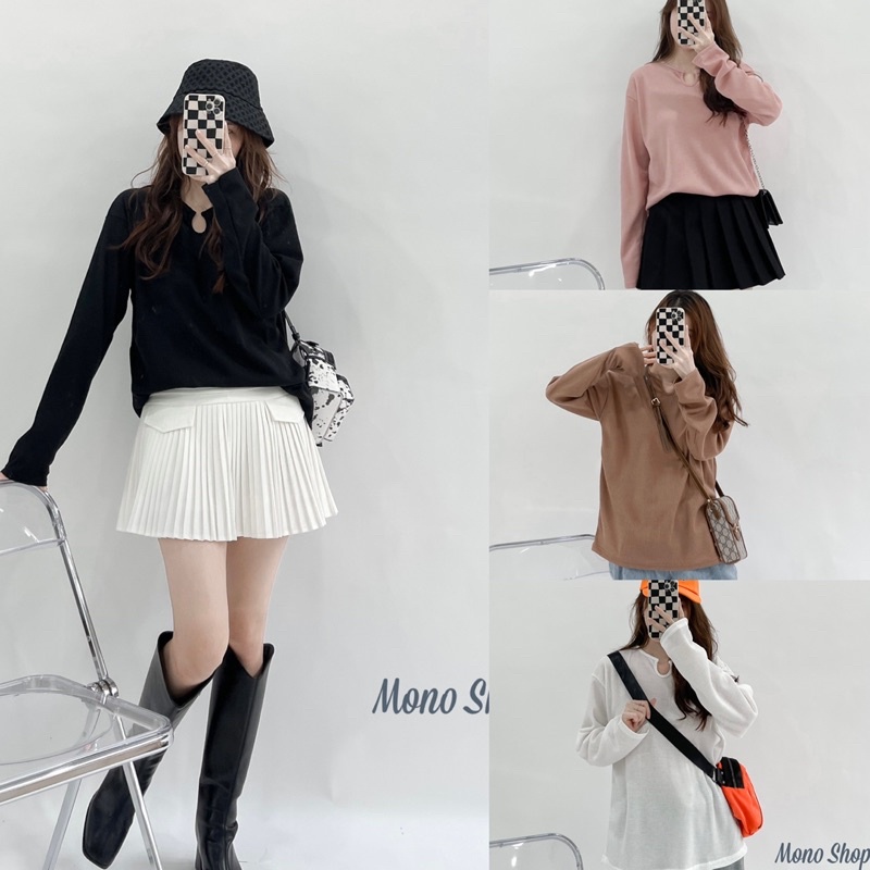 Áo len xốp cổ khoét nhỏ dài tay chất đẹp phom rộng (Ảnh thật/ sẵn)