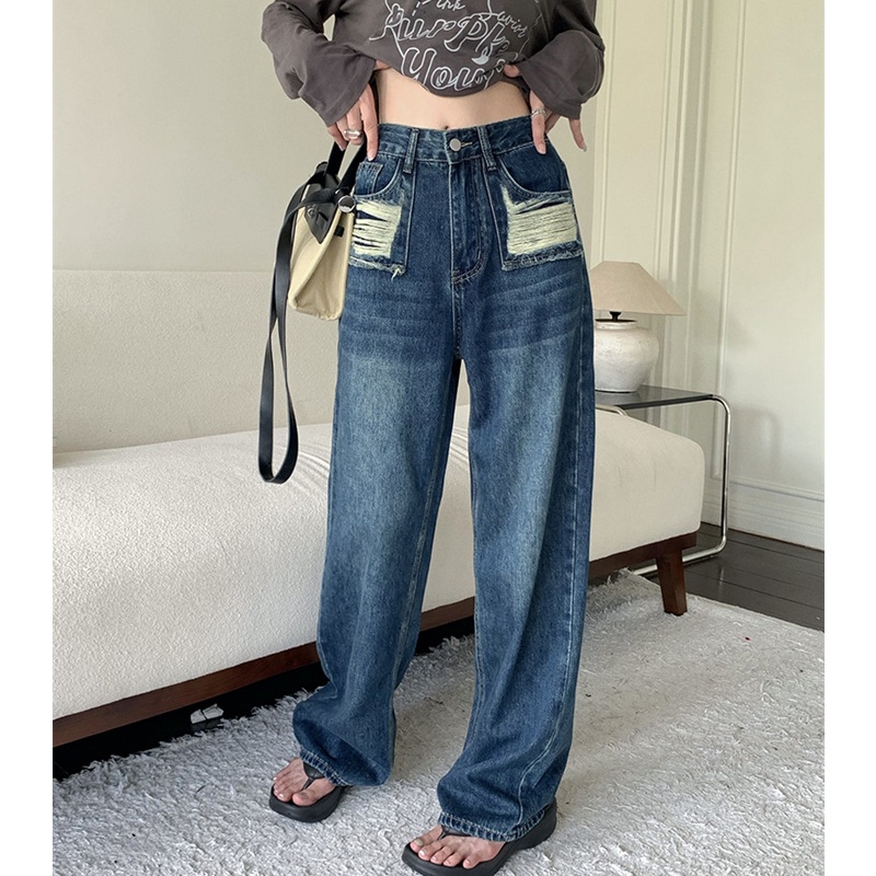 Quần Jean Dài Dáng Rộng Ống Suông Phối Vải Rách Thời Trang Mùa Thu