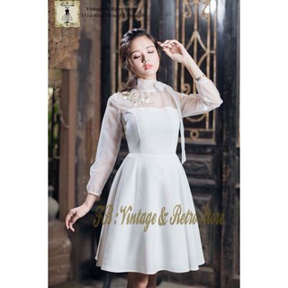 Đầm xòe trắng tiểu thư phối lưới siêu xinh