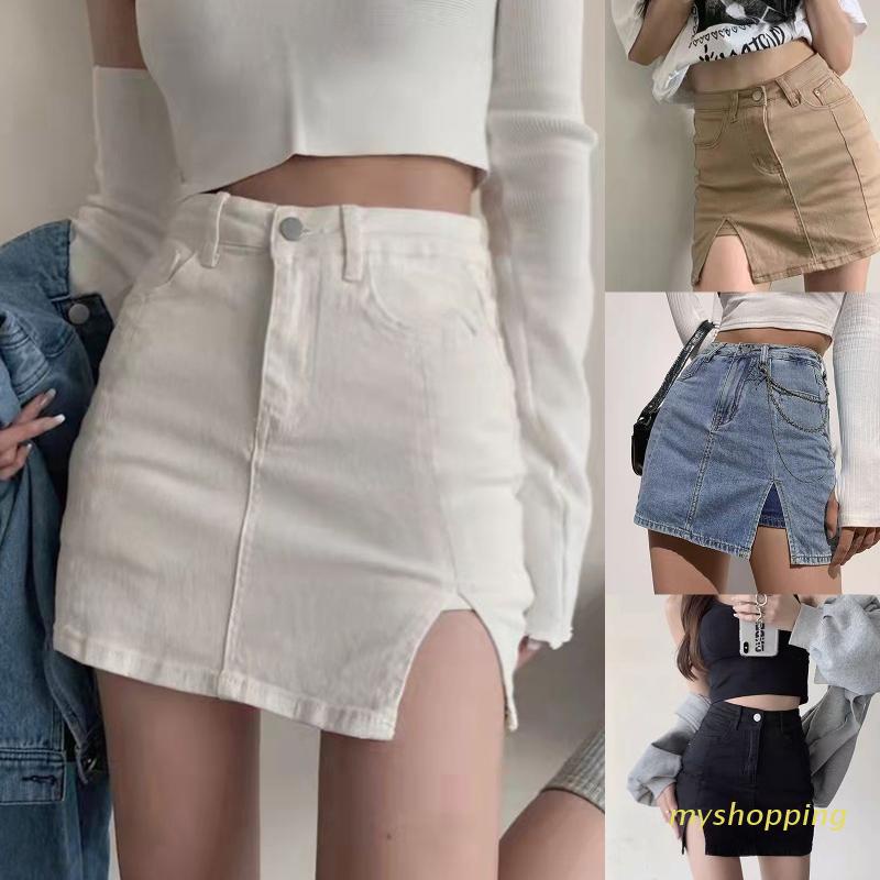 Chân váy jean Dáng Chữ A Lưng Cao Màu Trơn Quyến Rũ Cho Nữ