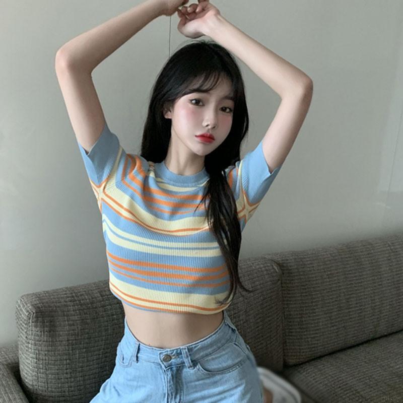 Áo Dệt Kim Ngắn Tay Kẻ Sọc Màu Cầu Vồng Đáng Yêu Kiểu Hàn Quốc