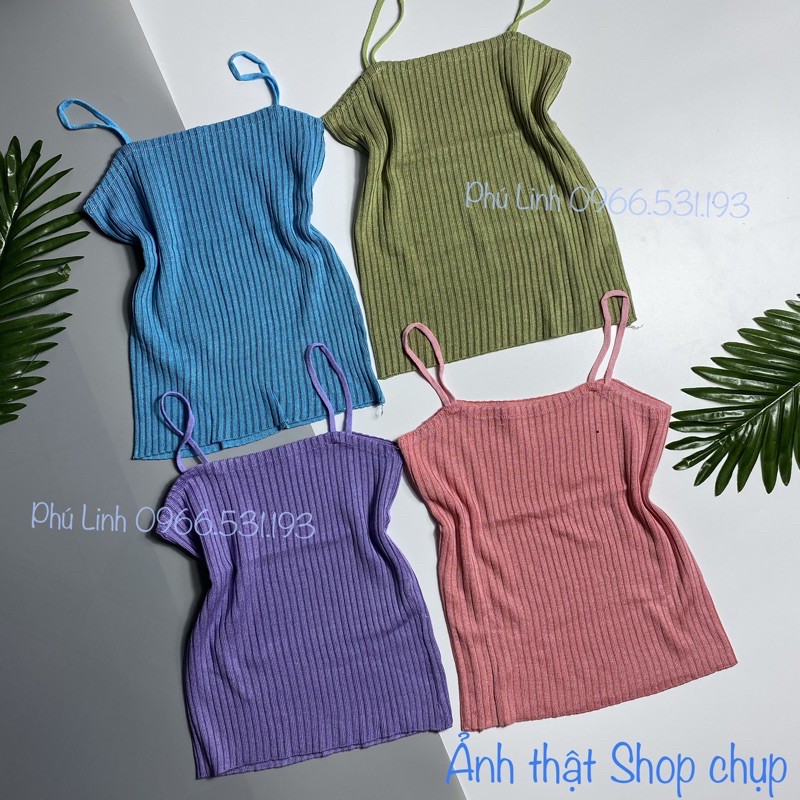 Áo 2 dây bún len sọc croptop