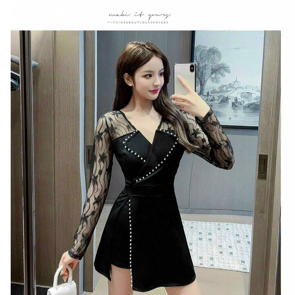 Set áo xẻ tà cổ tim phối lưới đính cườm và quần ngắn