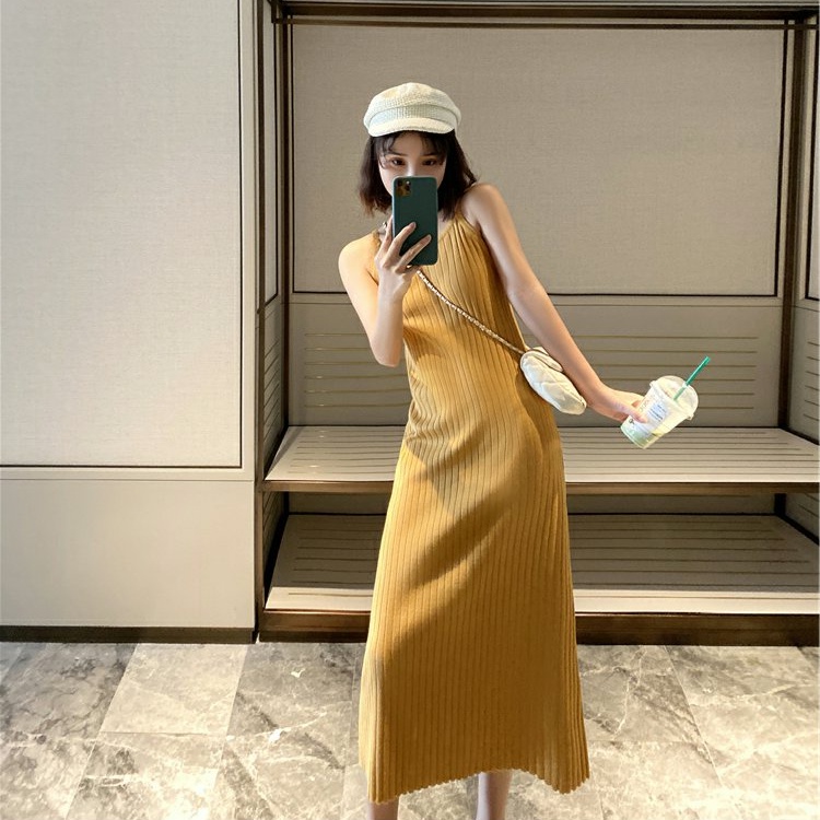 Đầm SUXI hai dây dệt kim màu trơn phong cách vintage thời trang mùa xuân dành cho nữ