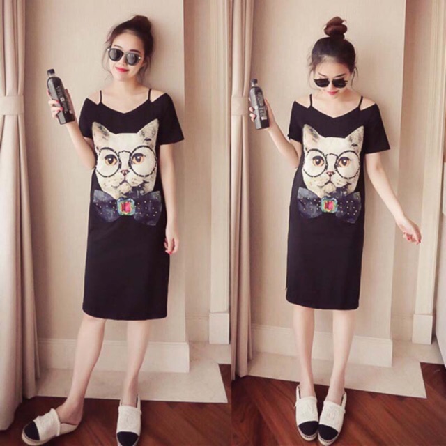 Đầm big size trễ vai màu đen hình mèo size 58-70kg (kèm ảnh thật bao đẹp)