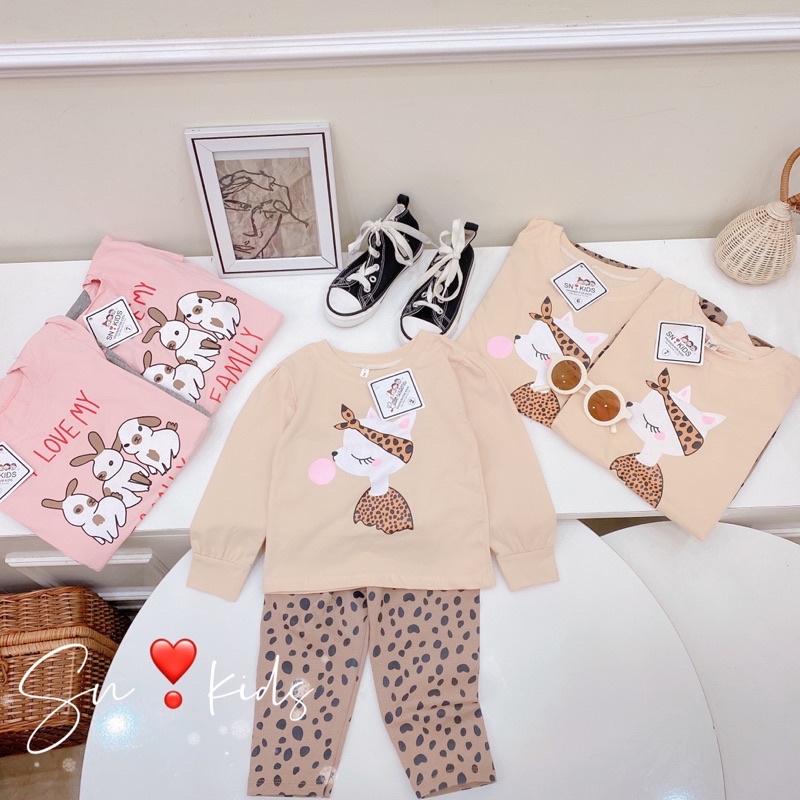 Xả Set cotton Family dài tay cho bé gái