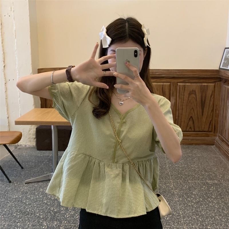 Áo tay ngắn cổ chữ V họa tiết caro thời trang mùa hè sang trọng dành cho nữ