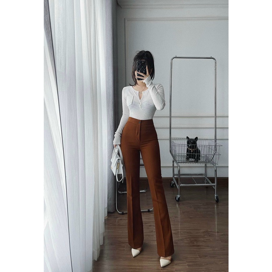 Quần tây nữ cạp cao ống loe thiết kế 1 khuy & 2 khuy chuẩn đẹp,2 túi mang sườn chất vải tuyết mưa loại 1