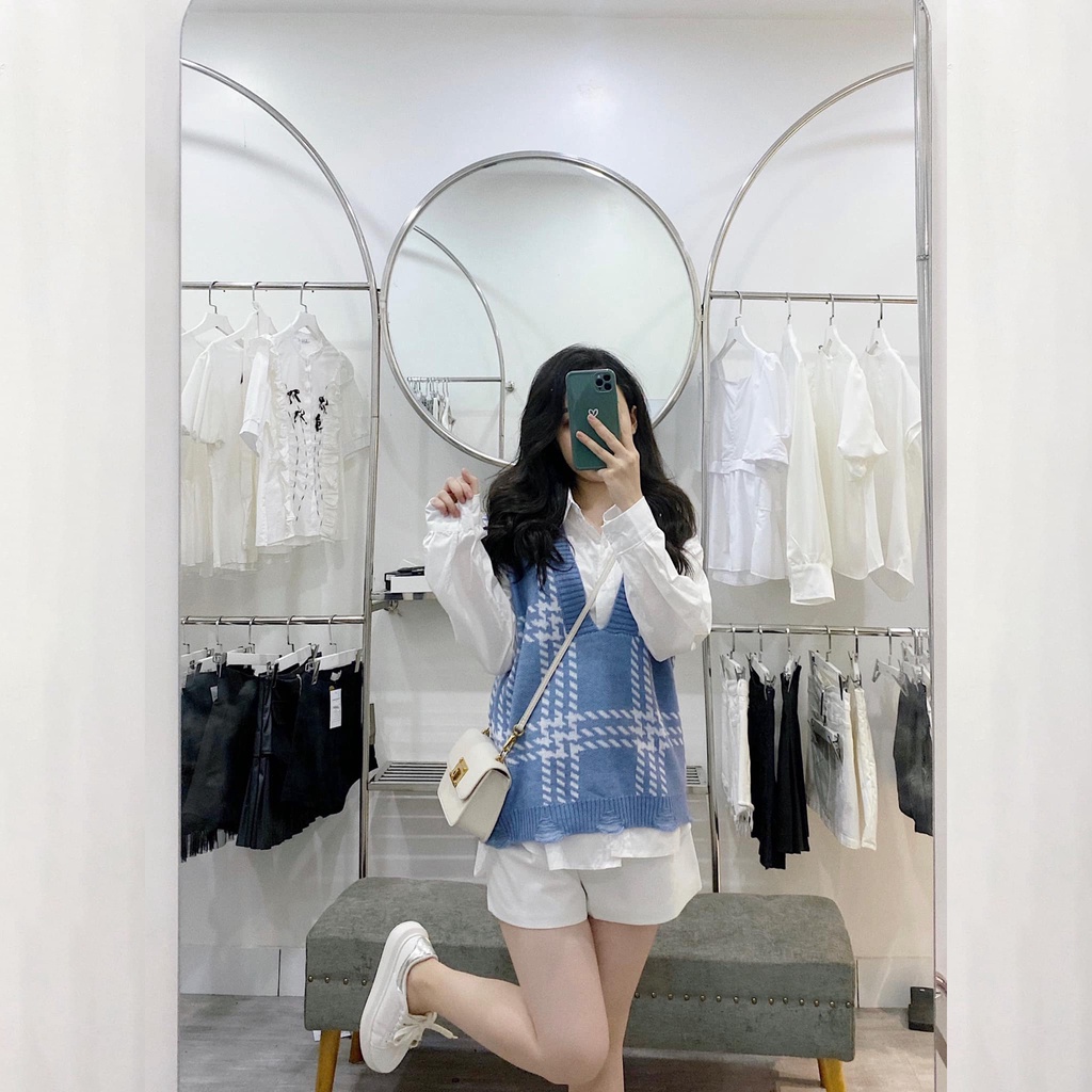Áo sơ mi dài tay nữ phối áo gile kẻ caro ulzzang, Set áo gile len tăm họa tiết caro kèm áo sơ mi Hàn Quốc - Maoshop