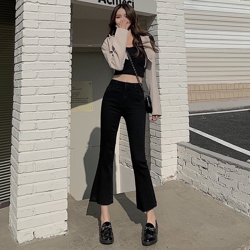 Quần Skinny Ống loe 9 tấc  Quần jeans Loe đen trơn - Chất bò giấy