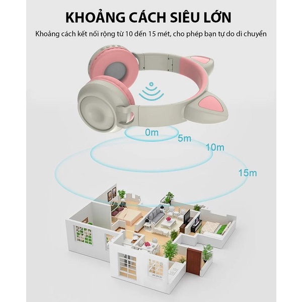 Tai Nghe Mèo Bluetooth - Headphone Tai Mèo Dễ Thương Có Mic - Âm Bass Mạnh Mẽ Và Dung Lượng Pin Khủng 400mAh BH 12 Tháng