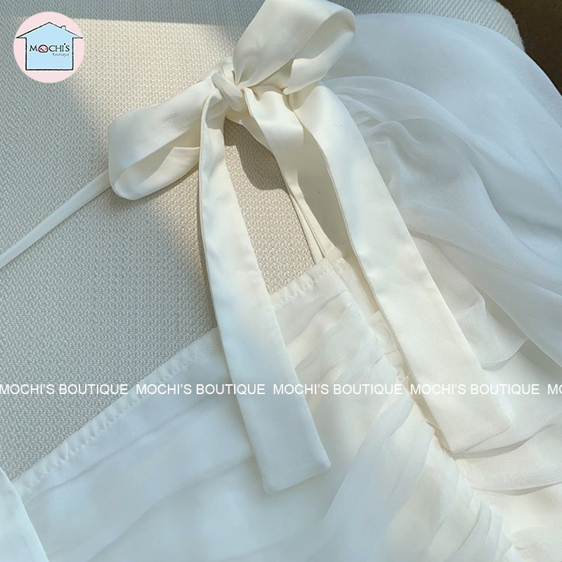 Đầm body dáng ngắn màu trắng nhún eo che khuyết điểm, mẫu váy đầm trắng cổ vuông tay phồng thắt nơ điệu đà-M065 | BigBuy360 - bigbuy360.vn