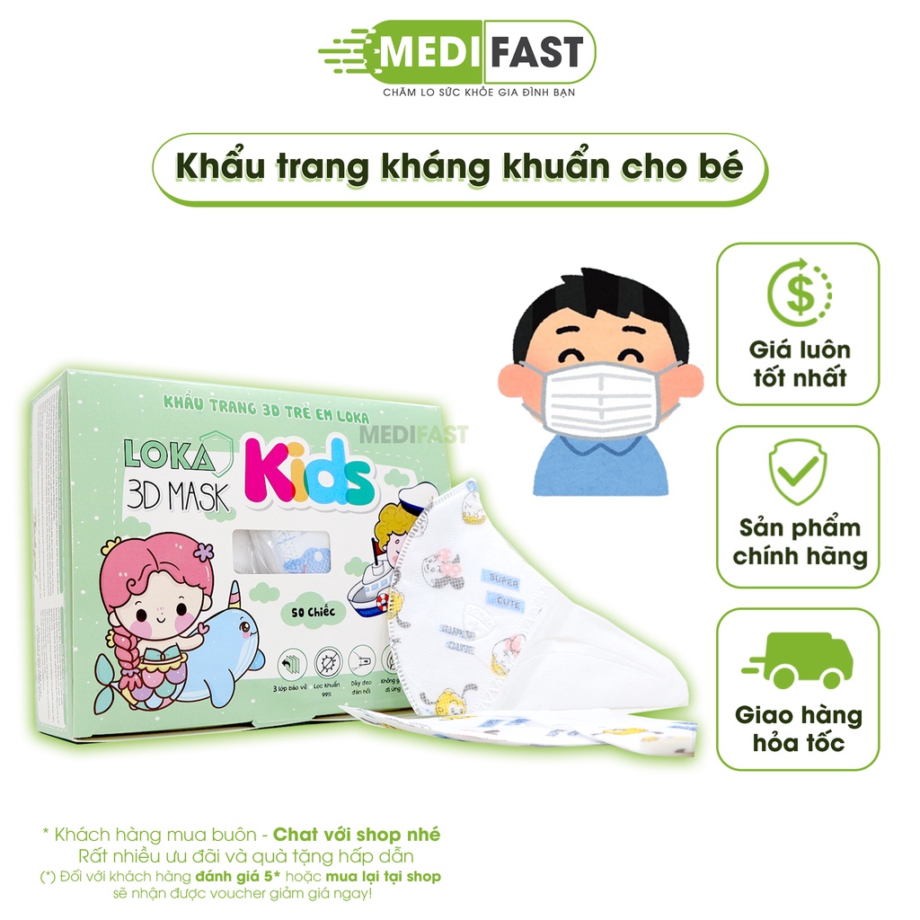 Khẩu trang cho bé ngăn ngừa bụi, kháng khuẩn - 3D mask kid Loka - Hộp 50 cái họa tiết dễ thương cho bé 2-10 tuổi