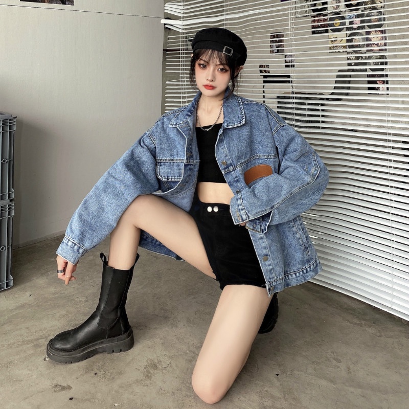 Áo khoác denim tay dài dáng rộng cổ polo thời trang Hàn Quốc cho nữ