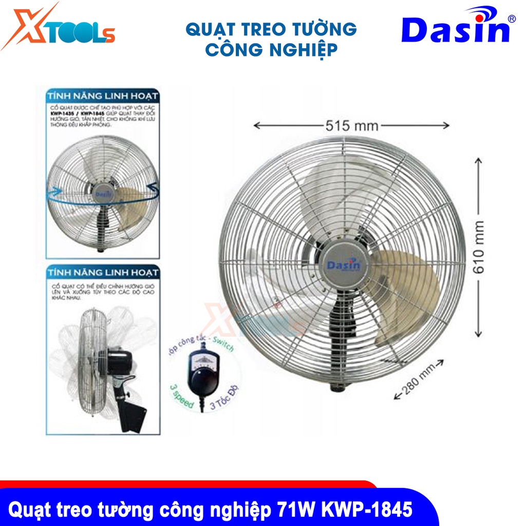 Quạt treo tường Dasin Công suất: 60W-67W, Kích thước (mm): 420 x 350 x 425, Điện áp: 220V / 0.68A - chính hãng - xtools