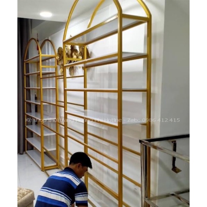 Kệ sắt màu vàng nhủ,kệ trưng mỹ phẩm,túi xách