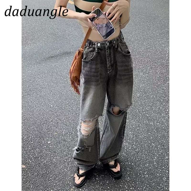Quần jean Daduhey lưng cao ống rộng kiểu rách thời trang ins retro Mỹ cho nữ