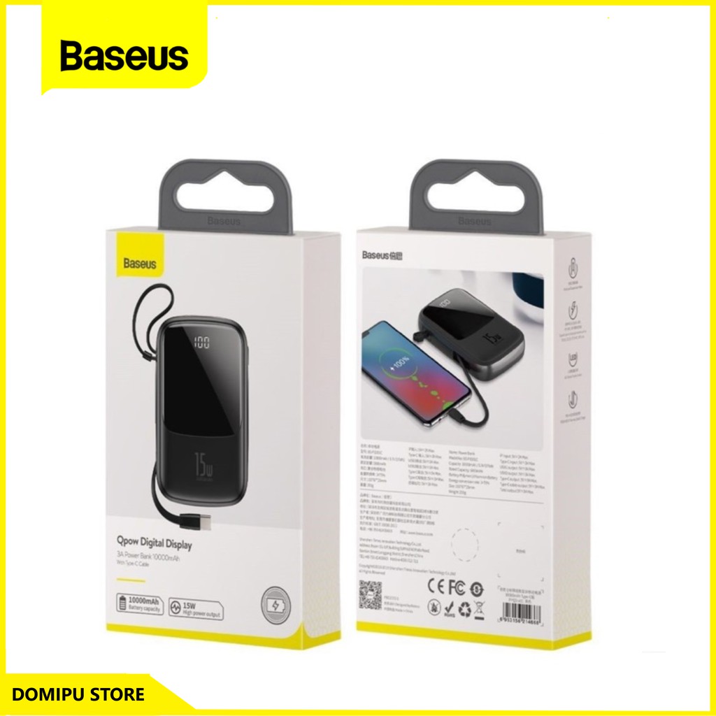 Sạc Dự Phòng Baseus 15w Mini Tích Hợp sạc nhanh - Cáp Di Động Cho Iphone 10000mah