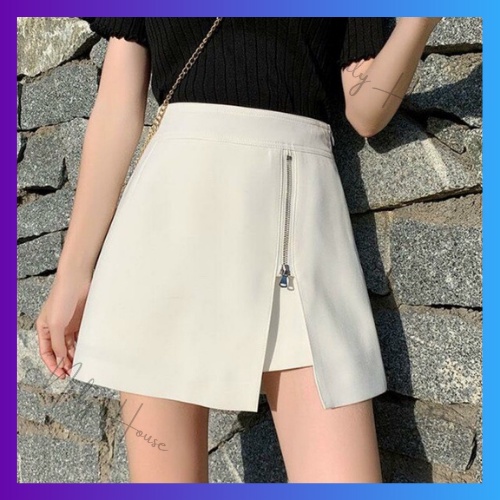 Quần Short Giả Váy Vạt Khóa Xẻ Tà Nữ Tính 2 Màu Đen trắng