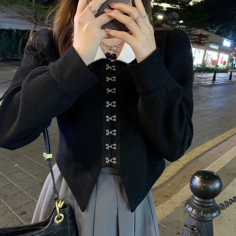 Áo Sơ Mi Tay Dài Cổ POLO Màu Sắc Tương Phản Phong Cách Retro Thời Trang Mùa Xuân 2022 Cho Nữ