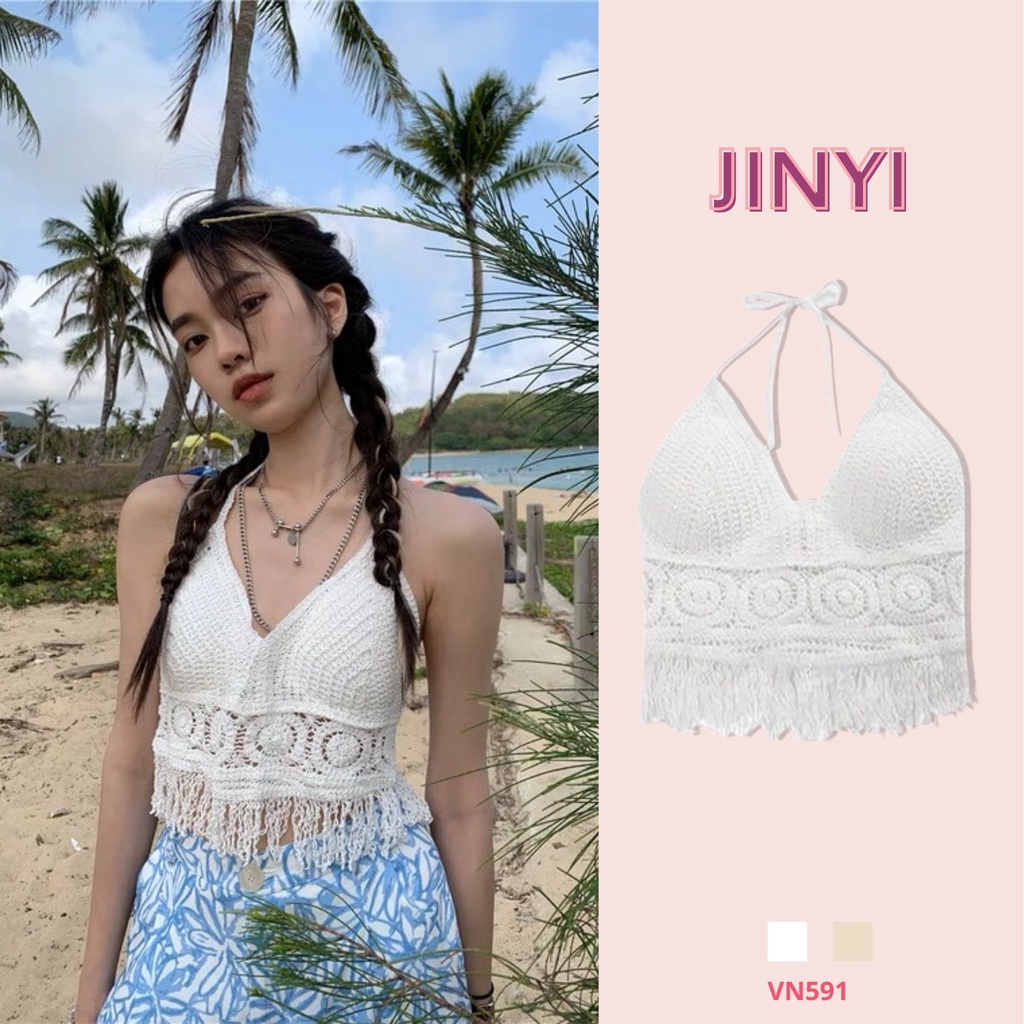 VN591 JINYI Áo hai dây lưới đan móc đi biển có mút ngực
