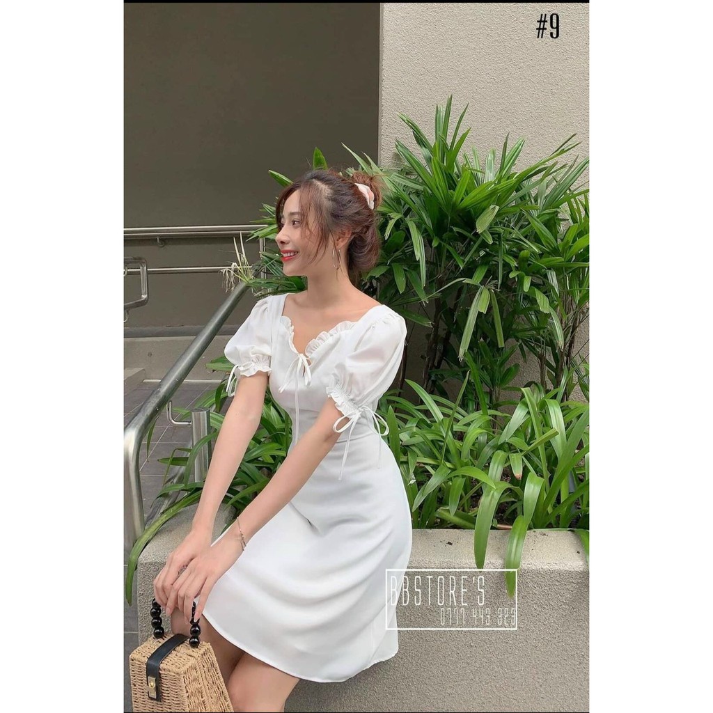 Váy đầm voan nữ màu trắng tay con phối bèo cột nơ | BigBuy360 - bigbuy360.vn